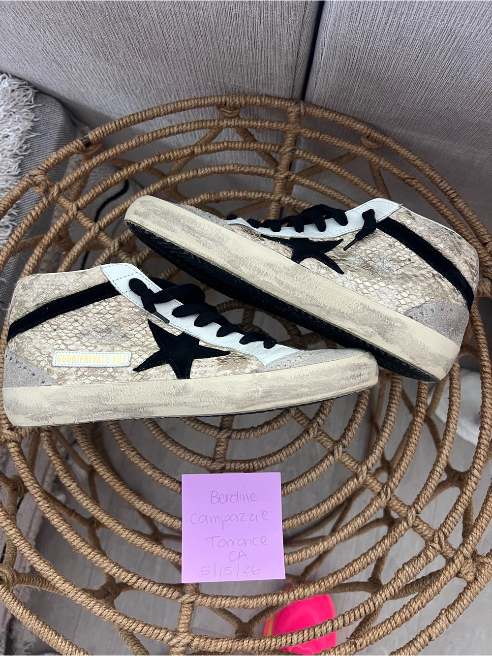 Golden Goose Cream Snake-Print High-Top Sneakers with Black Star